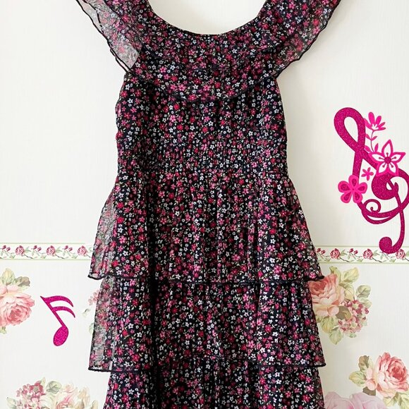 Rachael & Chloe Girls Black Pink Layered Floral PrintsSummer Flared Dress 10 - Picture 4 of 8